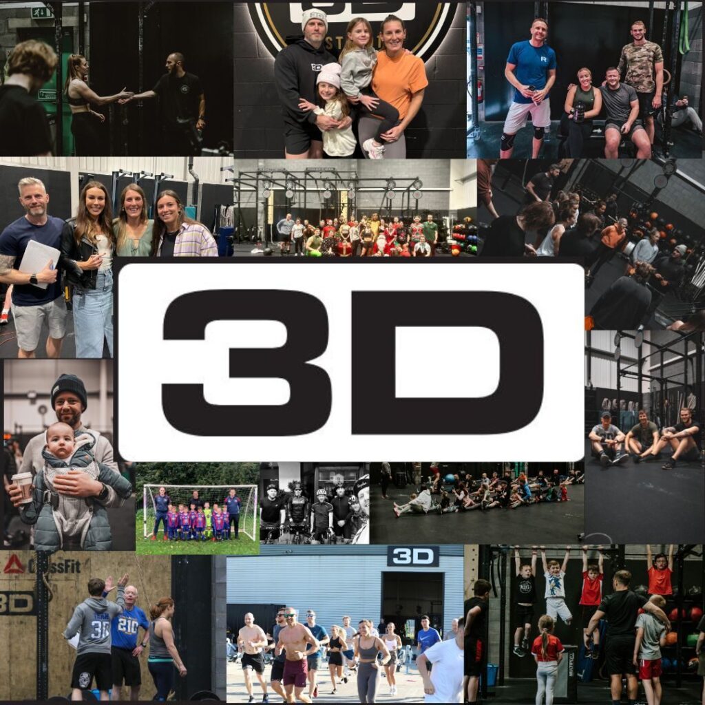 A picture collage of a CrossFit community at CrossFit 3D