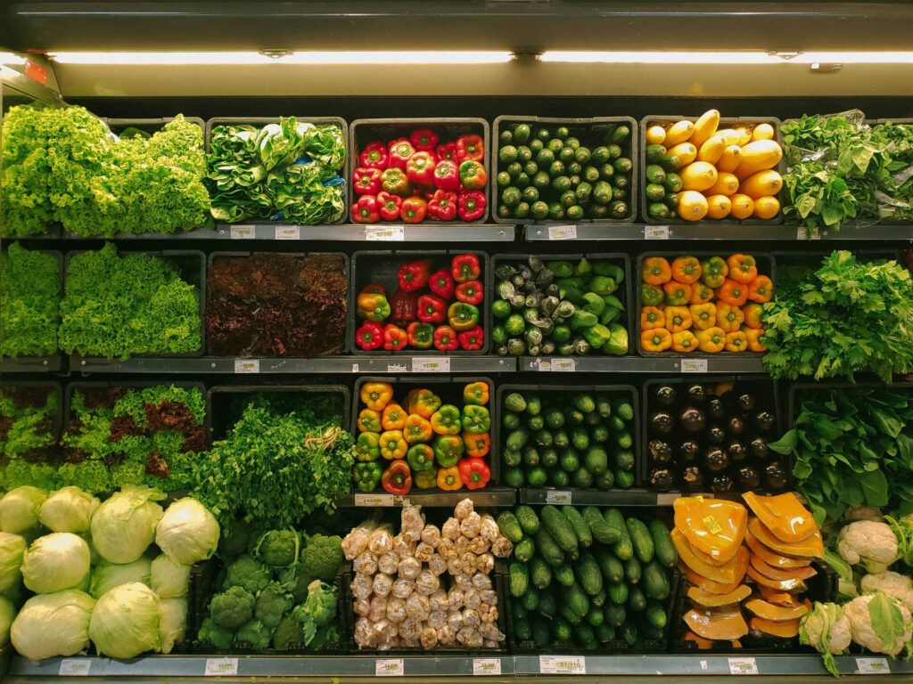 fresh vegetables in a supermarket, ideal for micronutrient content as part of a CrossFit nutrition plan